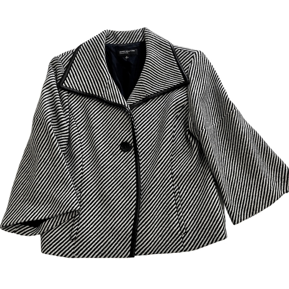 Jones New York Collection Women's Wool Blend Blazer Size 12 Striped Leather Trim